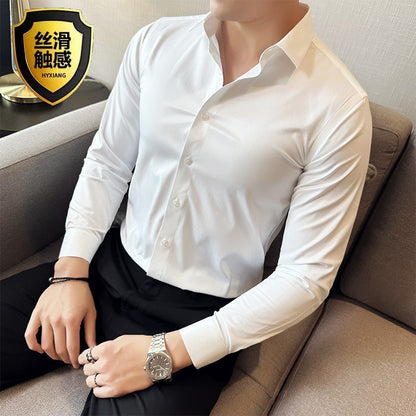 Seamless silk business casual shirt, long sleeved white non ironing elastic silk sliding cross shirt, men's formal wear