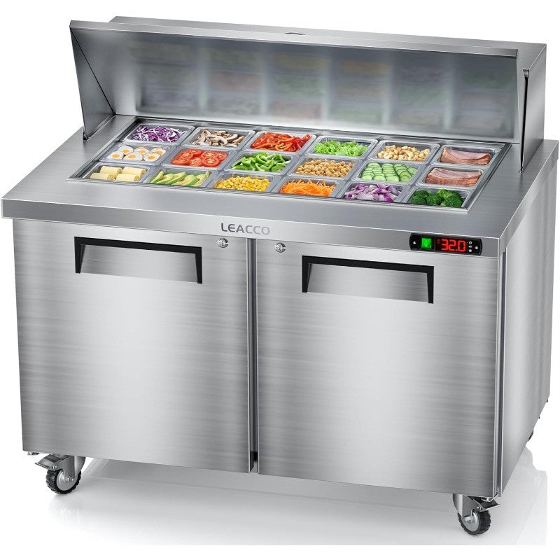 48" Refrigerated Prep Table, 18 Pan Commercial Salad & Sandwich Workstation with Storage
