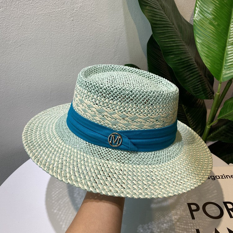 Chapéu de Palha Feminino de Verão Chapéu de Sol Luxuoso Feminino Chapéu de Praia de Proteção Solar da Moda Chapéu Panamá Francês Chapéu Raff de Aba Larga com Topo Abaulado