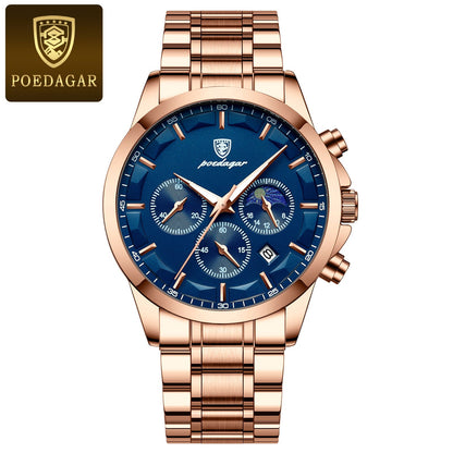POEDAGAR Top Fashion Men's Watches Waterproof Luminous Stainless Steel Men Wristwatch Chronograph Date Quartz Business Man Watch