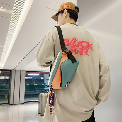 Couple style color blocked large capacity fashionable single shoulder crossbody bag, casual sports chest bag waist bag