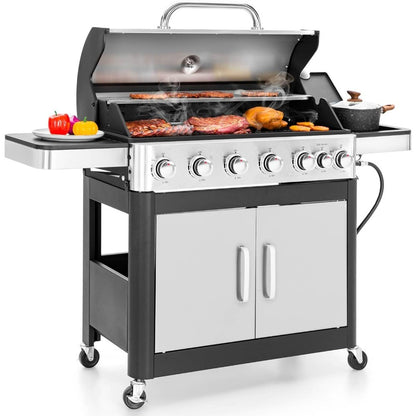 6-Burner Propane Gas Grill, Stainless Steel BBQ Grill with Side Burner and Porcelain-Enameled Cast Iron Grates