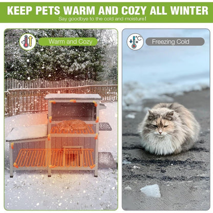 Casa de Gato Aquecida Extra Grande, Casa de Gato Isolada para Exterior, Abrigo para Gatos Selvagens à Prova de Intempéries com 2 Seções e Almofada de Aquecimento Segura, 6 Lados