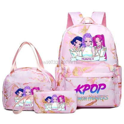 3pçs Mochilas K-pop Demon Hunters Desenho Animado Anime Escolar com Lancheira Mochilas Infantis Impermeáveis Presentes para Aluno