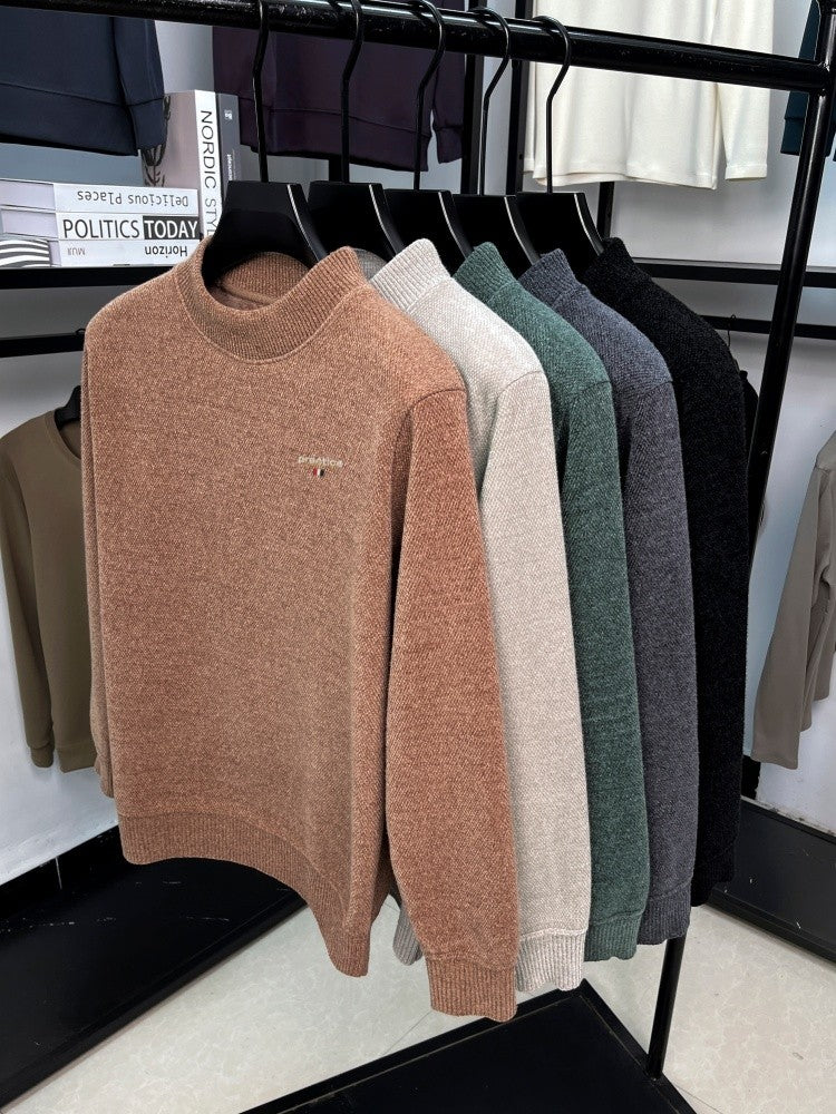 High quality plush thick men's sweater fashion brand letter embroidery winter warm round neck Korean casual knitted pullover