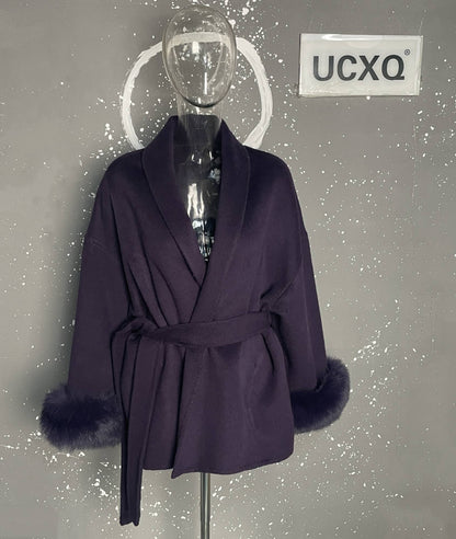 UCXQ Casaco Feminino Elegante OL para Escritório com Retalhos de Pelo Manga Comprida Lã Jaqueta de Roupa Feminina Bonita Outono Inverno 2025