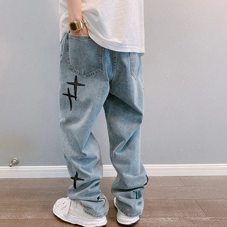 Nova Calça Jeans Masculina Larga Bordada Moda Solta Calça Jeans Streetwear Hip Hop Reta Perna Larga Calça Casual Roupa Masculina