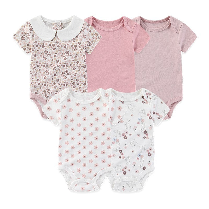 Unisex Bodysuits 4/5PCS Cotton Newborn Baby Girl Clothes Set Short Sleeve Print Baby Boy Clothes Summer Solid Color Bebes