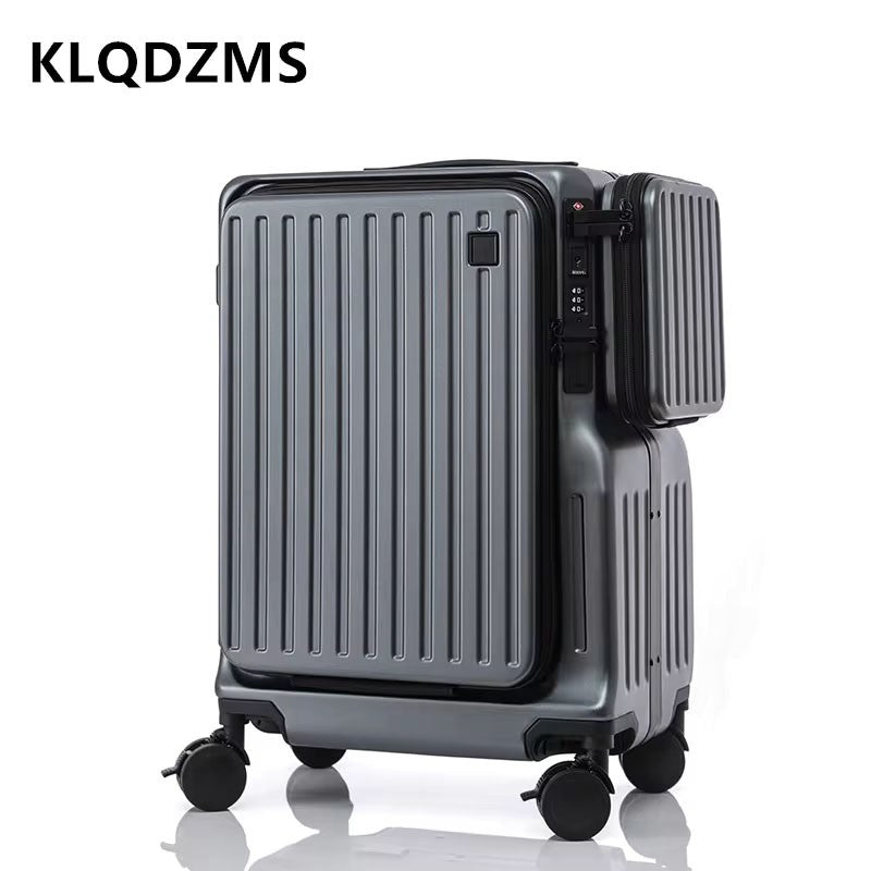 KLQDZMS Multifunctional Suitcase Front Opening Boarding Case USB Charging Trolley Case 20 Inch ABS + PC Laptop Cabin Luggage