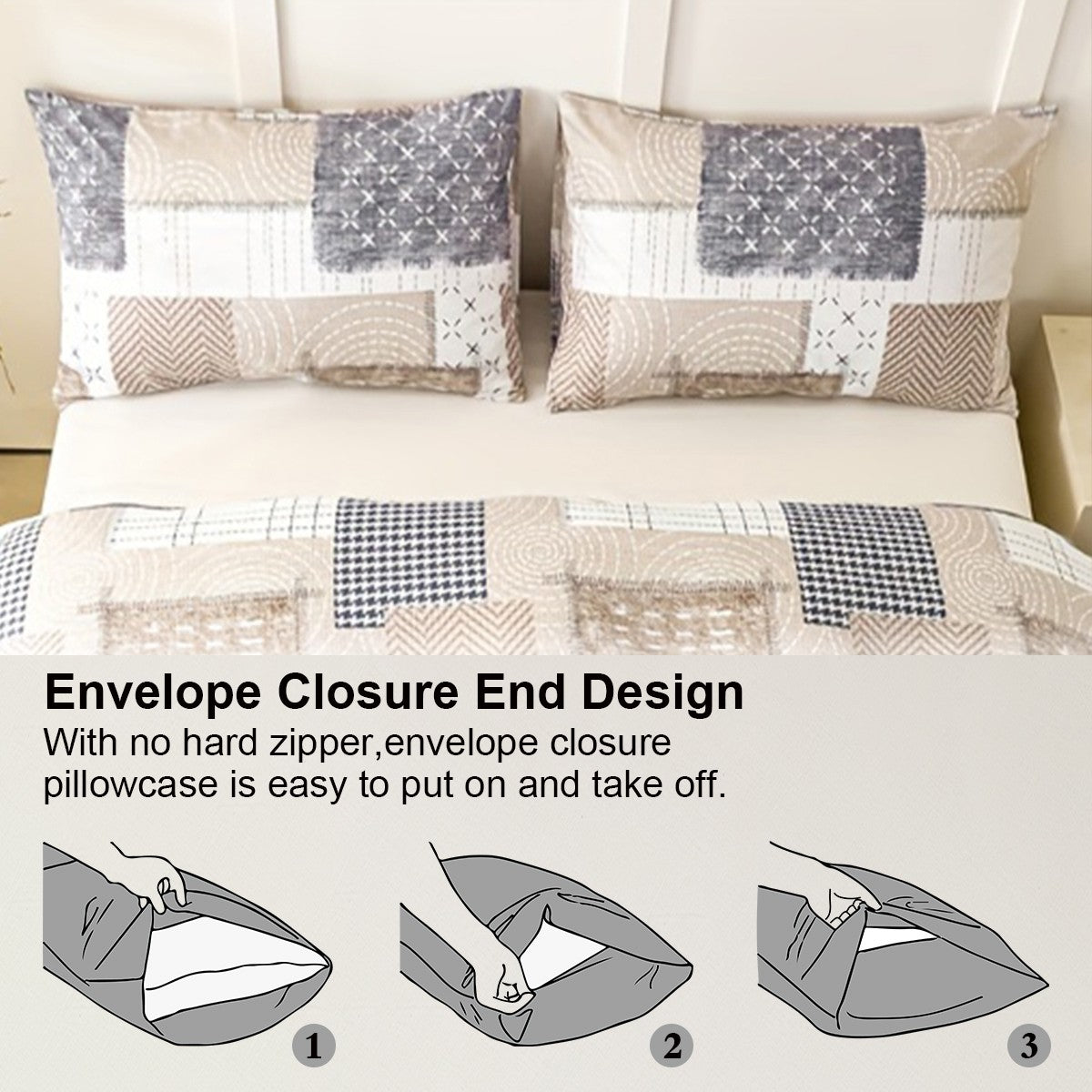 Conjunto de capa de edredom com estampa de retalhos chique de 3 peças, conjunto de cama macio e delicado para a pele inclui 1 capa de edredom e 2 fronhas