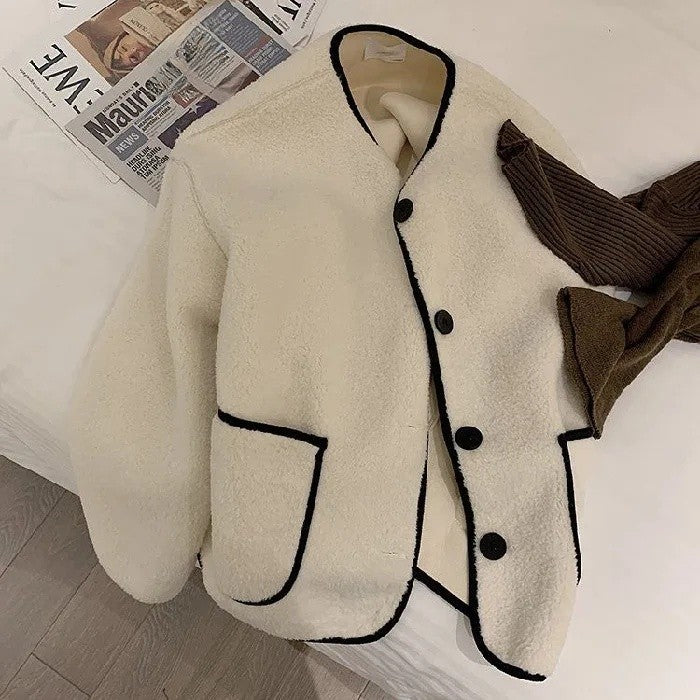 Korean Style Short Lamb Fur Jacket Women's Crew Neck Lazy Style Outerwear Autumn Winter New Arrival Soft Cozy round Neck Top