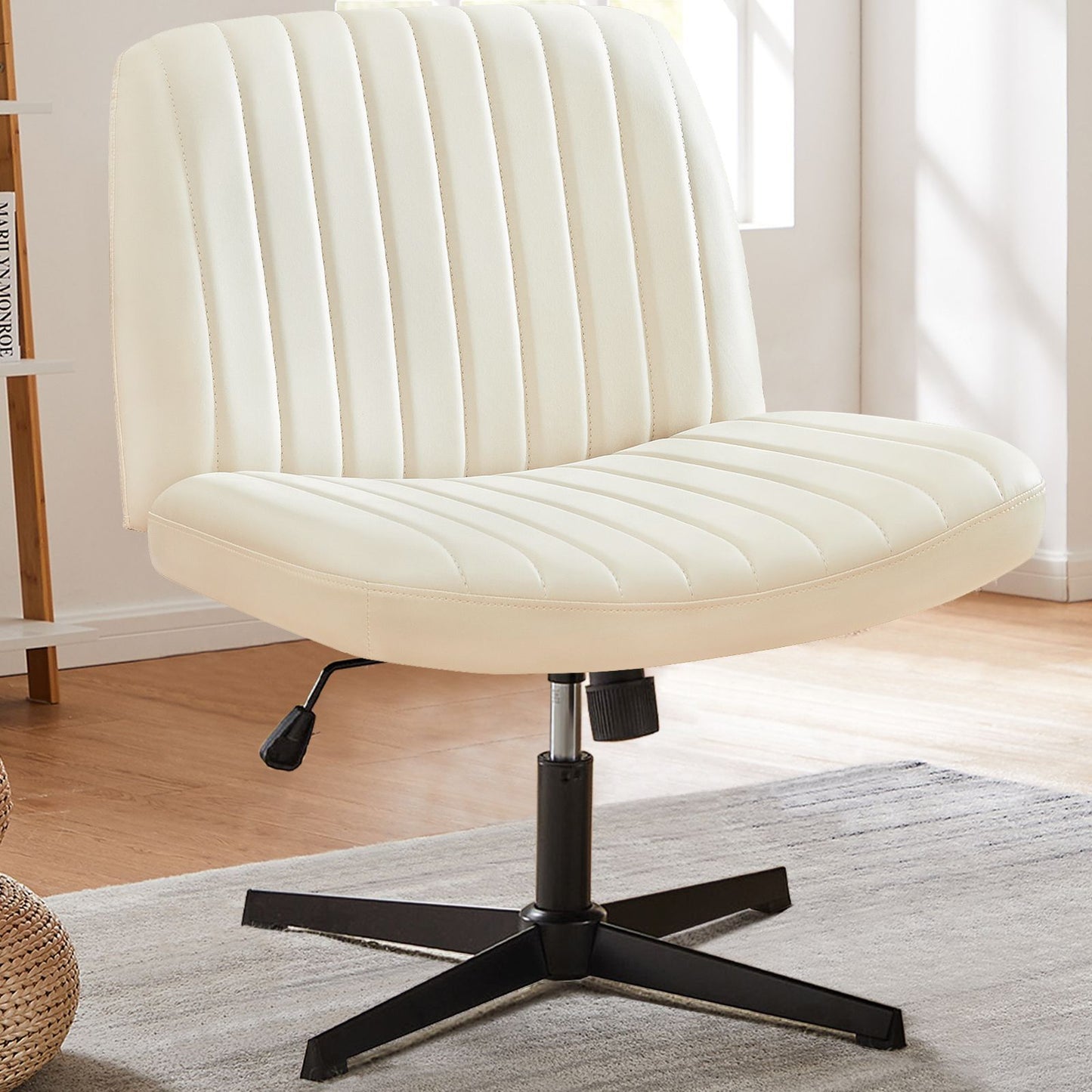 Cadeira de escritório JHK com pernas cruzadas, para sala de estar, cadeira de balanço, para jogos, sem braços, escrivaninha larga, giratória ajustável, tecido, para tarefas, penteadeira, escritório doméstico