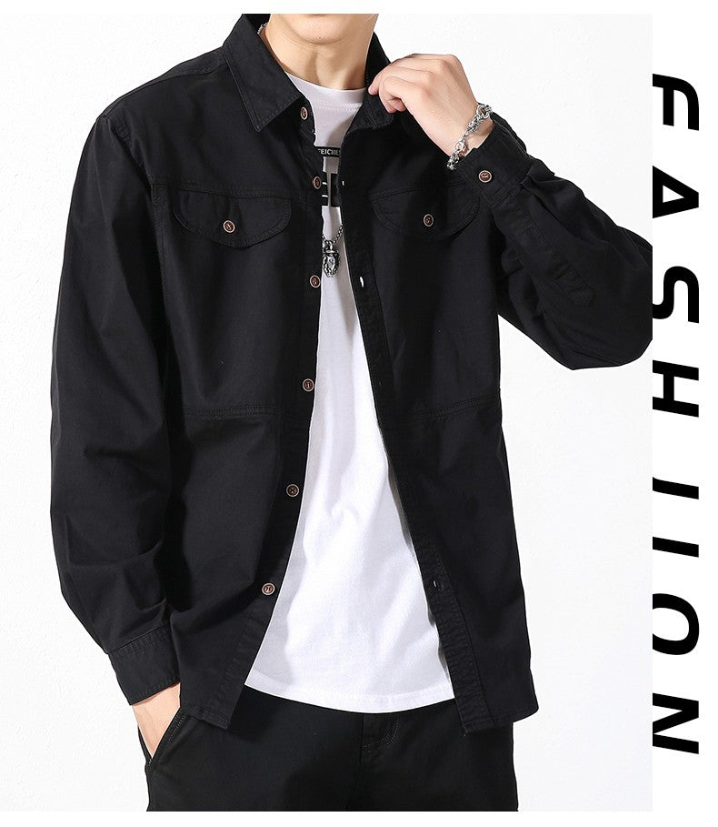Men Slim Fit Turn-Down Collar Loose Cargo Shrit Spring Autumn Casual Wash Cotton Safari Style Jacket with Multiple Pockets Coat