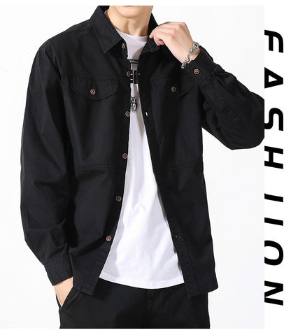Men Slim Fit Turn-Down Collar Loose Cargo Shrit Spring Autumn Casual Wash Cotton Safari Style Jacket with Multiple Pockets Coat