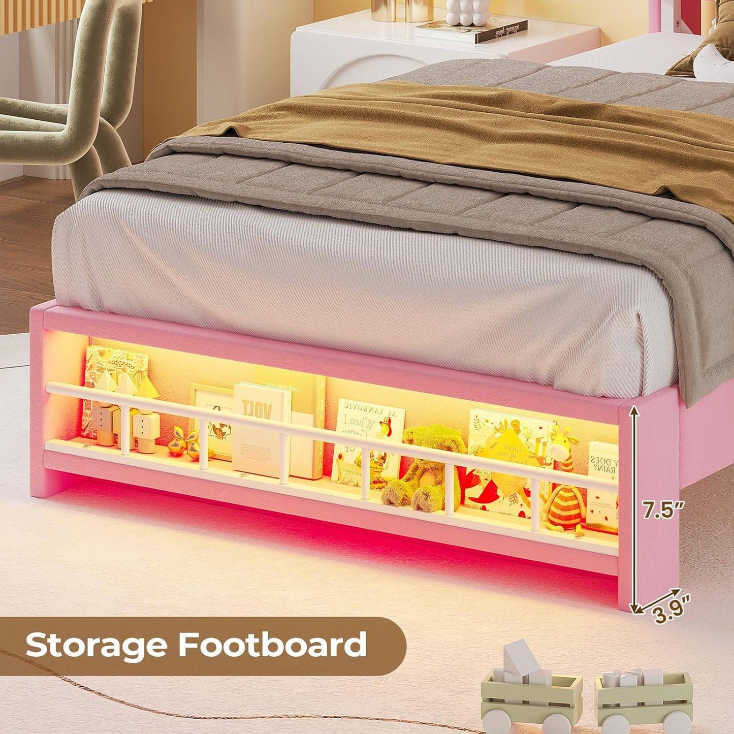 Cama de Solteiro com Estrutura de LED, Cama Plataforma Estofada em Veludo Princesa para Meninas, Cabeceira com Estação de Carregamento