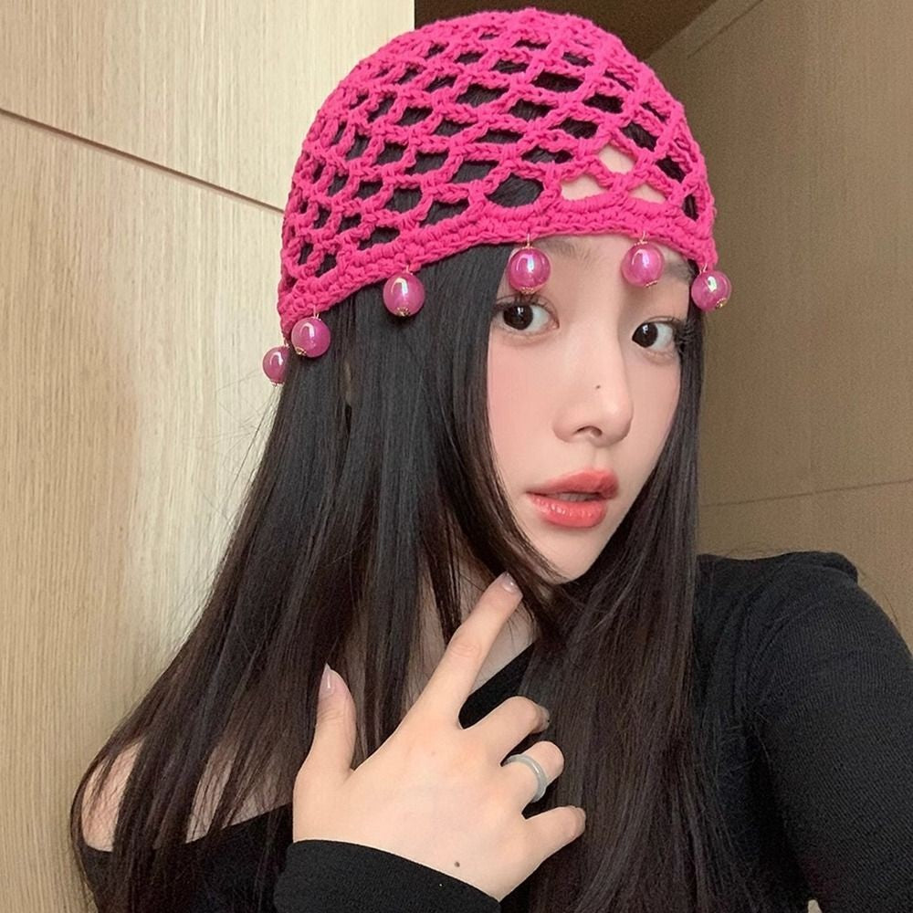 Fashion Round Beads Knitted Hat Crochet Pearl Fringed Woven for Women Travel Versatile Hollow Breathable Retro Beanies Cap