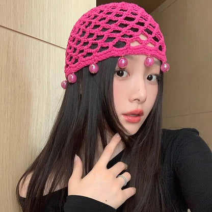 Fashion Round Beads Knitted Hat Crochet Pearl Fringed Woven for Women Travel Versatile Hollow Breathable Retro Beanies Cap