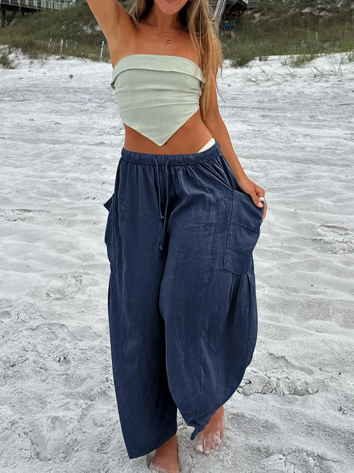 Women's Stretched-waist Pleated High-waisted Wide-leg Trousers Spring Autumn Fashion Cotton Linen Pocket Casual Trousers Woman