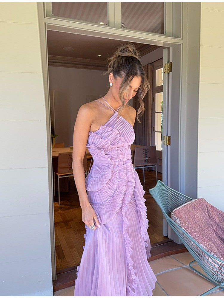 Chic pleated halter neck long vacation dress high quality purple strapless Lotus Edge Maxi Dress 2025 New Lady Vacation Gowns