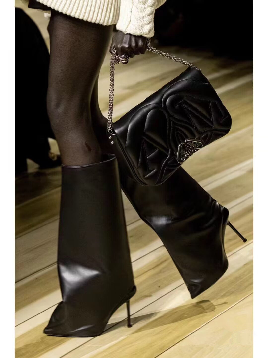 2024New Designer Slender High Heels Knee Length Women's Boots Fashion Walk Party Women's Large Mid Size Boots Autumn and Winter