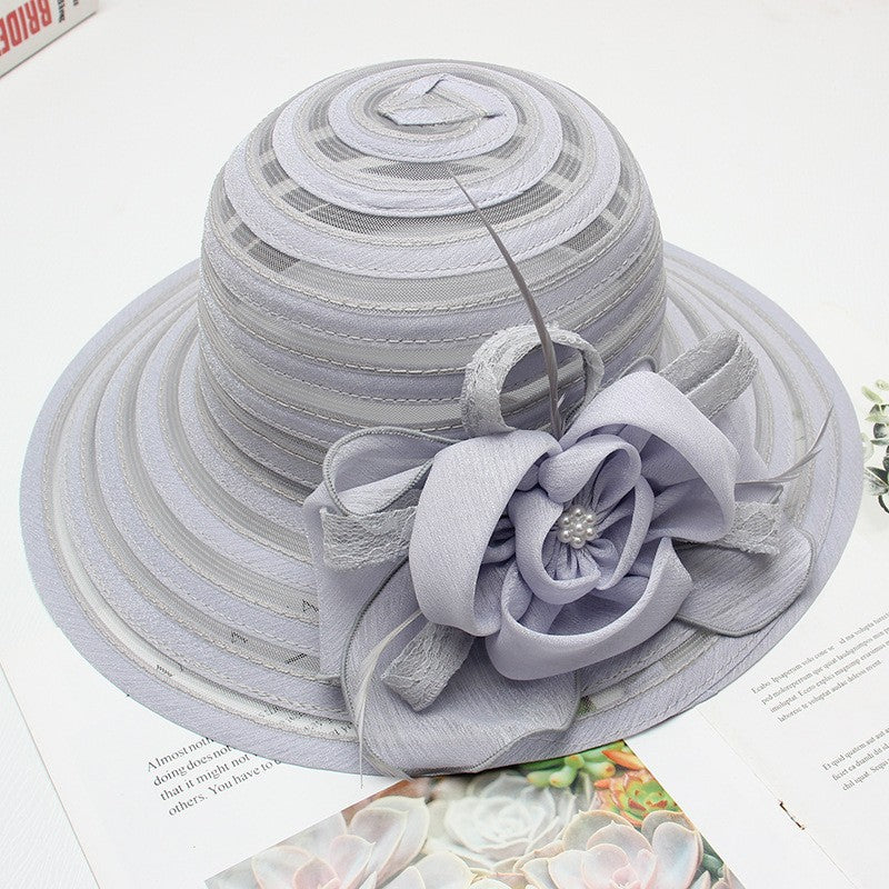 Novo Chapéu Feminino De Verão Em Organza Com Aba Larga E Flor Grande Fedora Elegante Para Casamento Igreja Festa