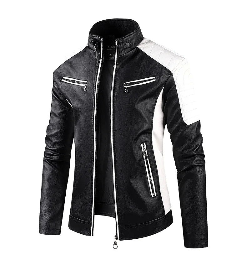 Aviator Full Zip Outerwear Men's Stand Collar Leather Jacket Fall Trendy Color Coats Block Motor Biker Jacket Classic Jacket