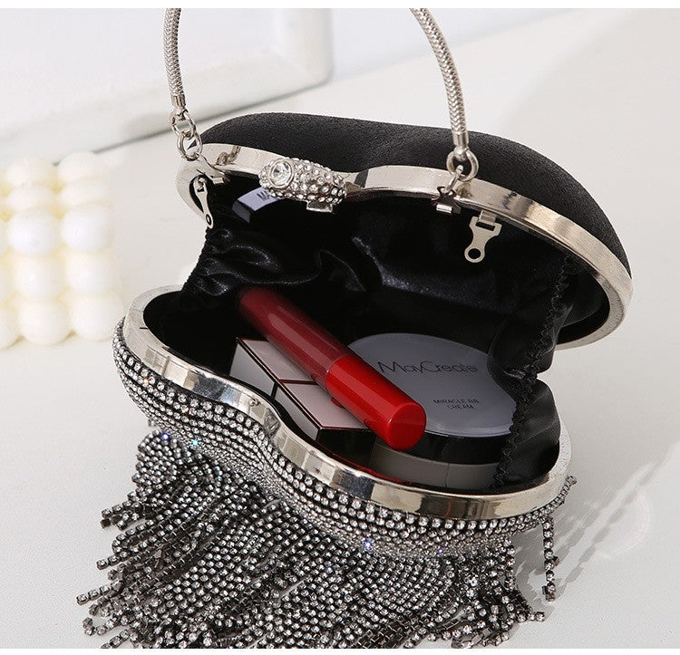 Rhinestone Evening Bag Heart Pattern Silver Handbag Womens Diamond Tassel Banquet Clutch And Purse Wedding Bridal Prom Wallets