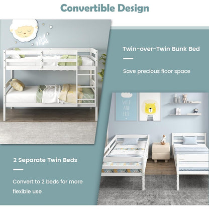Beliche Madeira Solteiro sobre Solteiro, com Grade de Proteção de Comprimento Total e Escada Integrada, Estrutura de Cama que Economiza Espaço, Colchão F