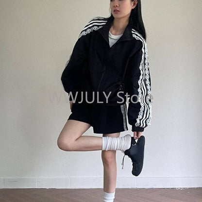 Lace Patchwork Striped Sun Protection Jacket for Women 2025 New Korean Causal Zipper Stand Neck Cardigan Coat Top Design