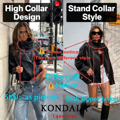 KONDALA Casual Chic Black Leather Jackets Women Long Sleeve Buttons Elastic Oversized Coats Fashion 2025 Fall Streetwear Coats