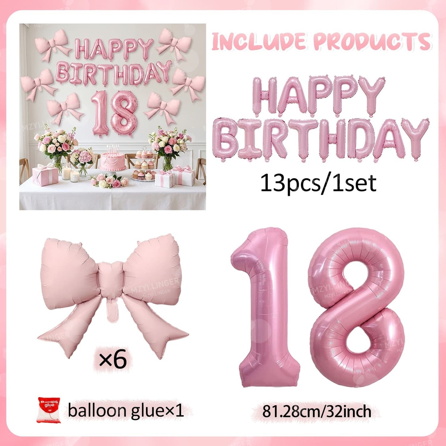 Pink Bow Birthday Balloon Happy Birthday Letter Balloon Used for Wedding, Valentine's Day, Birthday, Proposal Decoration Decor