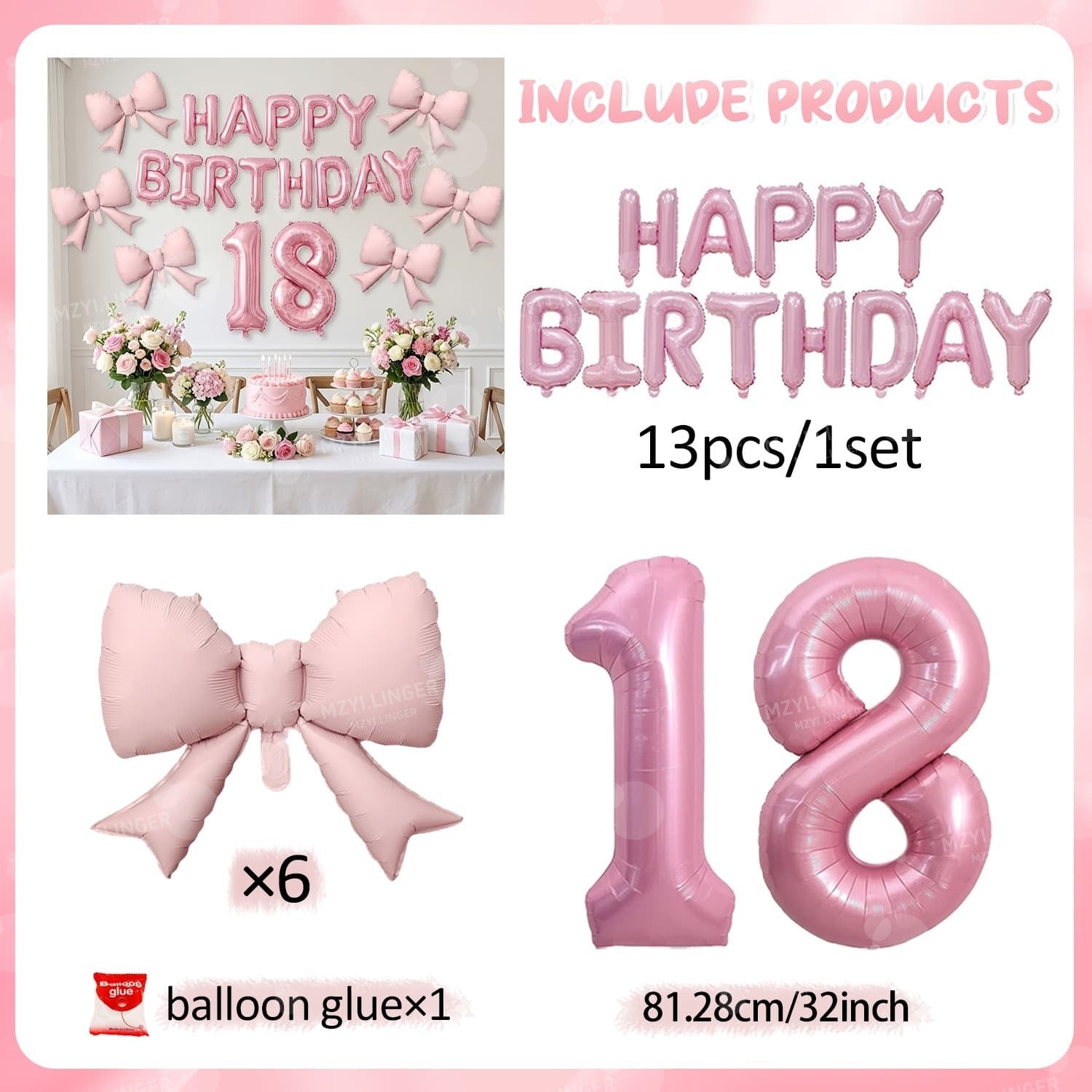 Pink Bow Birthday Balloon Happy Birthday Letter Balloon Used for Wedding, Valentine's Day, Birthday, Proposal Decoration Decor