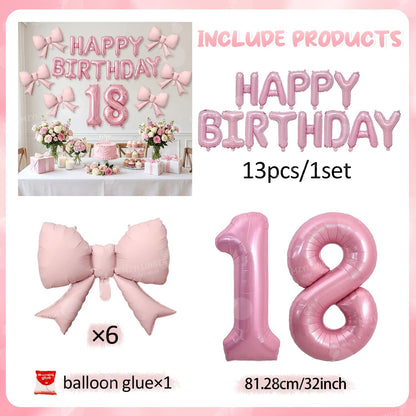 Pink Bow Birthday Balloon Happy Birthday Letter Balloon Used for Wedding, Valentine's Day, Birthday, Proposal Decoration Decor