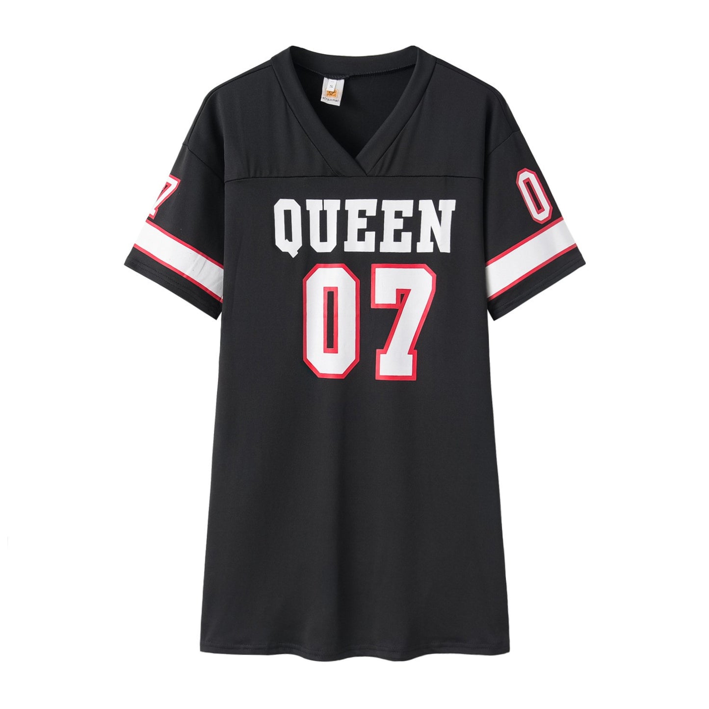 Fashion V-Neck Queen Letters Print Dress Short Sleeve Basketball Sporty Style Sexy Loose Female Clothing Streetwear Loungewear
