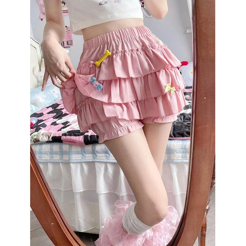 Y2K Sweet Ruffles Mini Skirt Women Kawaii Lolita Bow A Line Skirts Harajuku Japanese High Waist Pink White Ball Gown Skirt