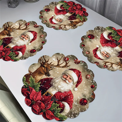 4PCS Christmas Circular Waves Placemats Non Slip Heat Resistant Table Mats Winter Dining Party Christmas Decor Round Tablecloth