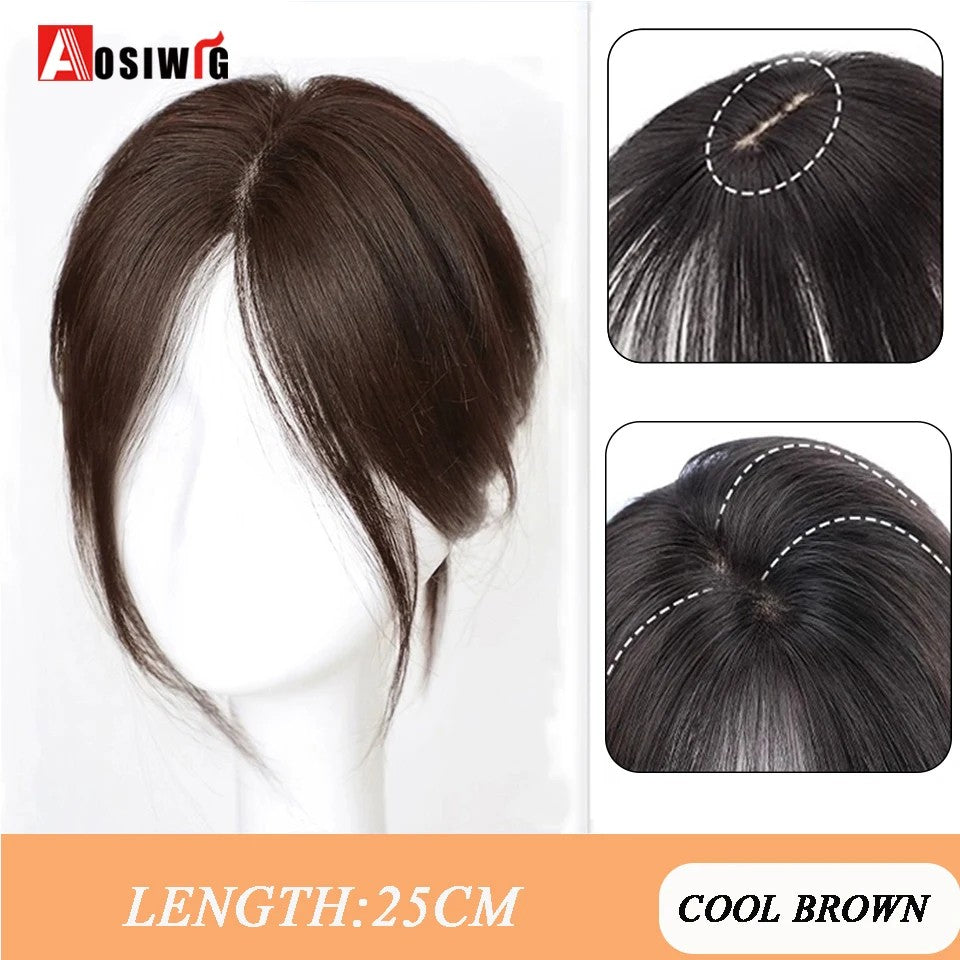 Perucas de cabelo encaracolado sintético AOSI castanho preto, substituição de extensões de cabelo tipo topete, apliques femininos com franja