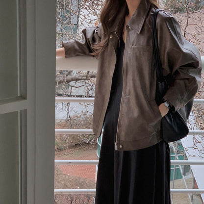 Sli Loose PU Leather Jaet Women's Chic Retro Collar Versatile BF Sle Motorcycle Clothes Trendy Long Sve Zipper