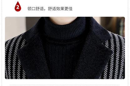 Classic Autumn Winter Men's Mid-Length Woolen Coats Casual Striped Overcoat Outwear Windbreaker Business Warm Long Jackets
