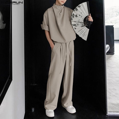 INCERUN Men Sets Solid Color Pleated Shirt & Pants Two Pieces Sets Loose Streetwear 2025 Fashion Men's Casual Suits S-5XL