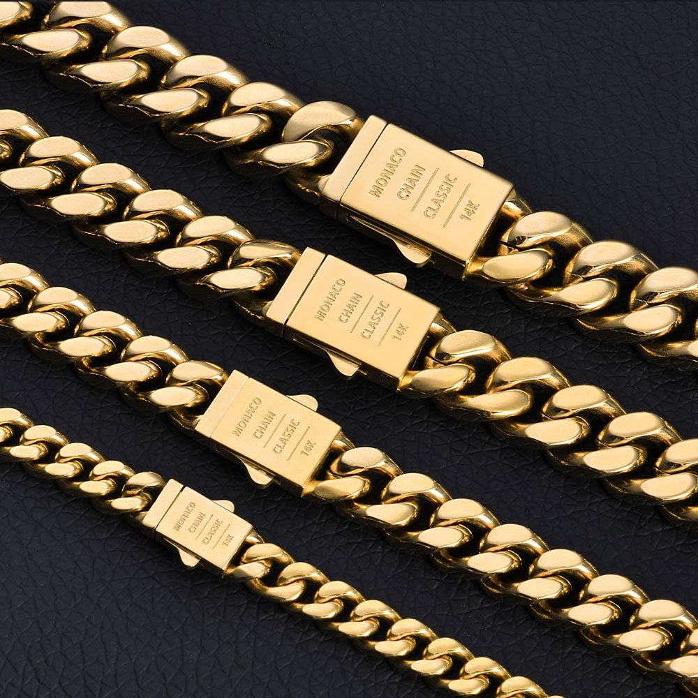 Pulseira ESKEEM Hip Hop Monaco PVD Banhado a Ouro 14k Correntes Miami Cuban Link 6/9/11/13MM Aço Inoxidável para Mulheres e Homens