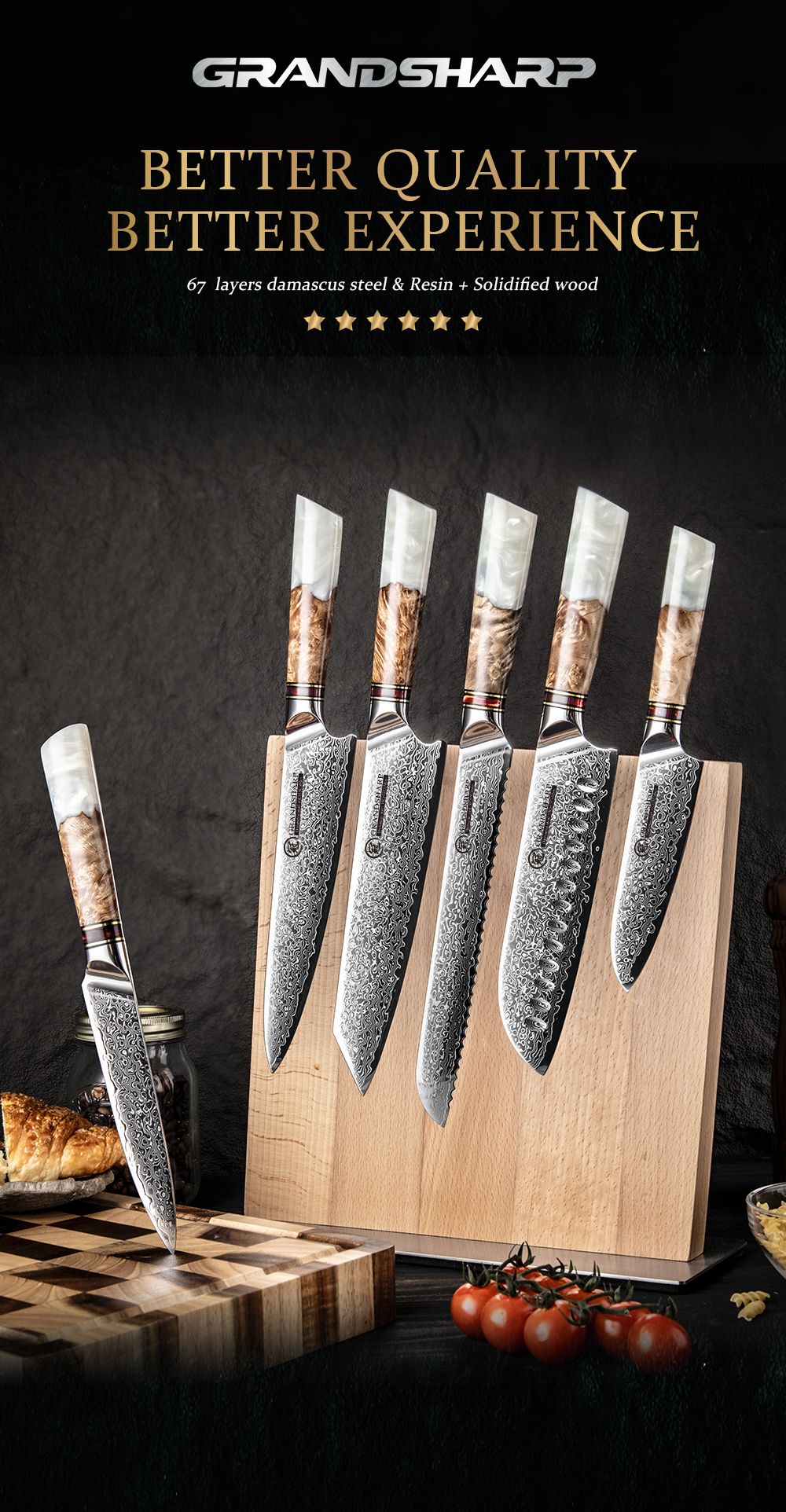 Grandsharp 1-6Pcs Kitchen Knife Set 67 Layer Damascus Steel Solidified Wood Handle Chef Utility Paring Knife with Gift Box