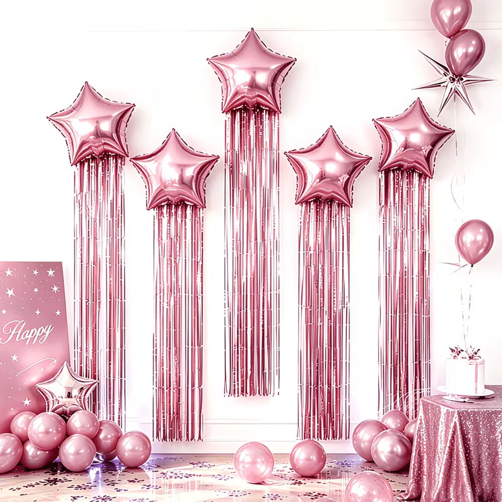 6pcs Pink Five-Pointed Star Balloon and Tassel Curtain Set, Suitable for Birthday Parties, Family Anniversaries, Engagement/Wedd
