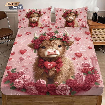 3pcs Valentine's Day Romantic Highland Cow Print coreless Bed Sheet Set Multiple Sizes Bed Cover Bedroom Bedding Decoration