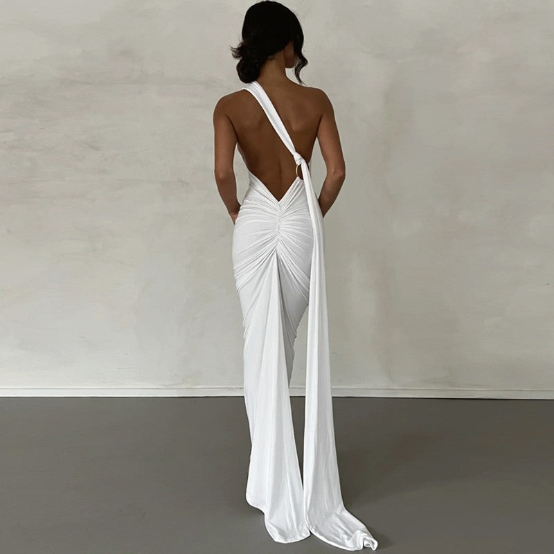 Hugcitar One Shoulder Backless Adjustable Scarf Loop Ruched Sexy Maxi Dress Wome
