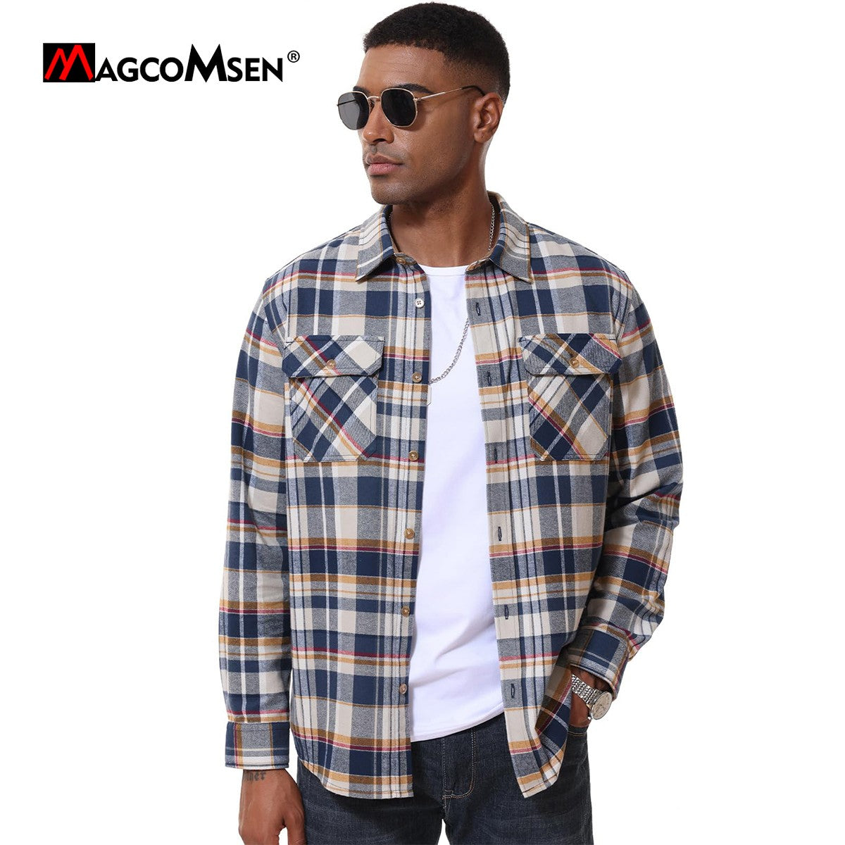 MAGCOMSEN Flannel Shirts Men's Long Sleeves Cotton Long Sleeve Plaid Shirt with 2 Pockets Button Down Casual Corduroy Shirt Male
