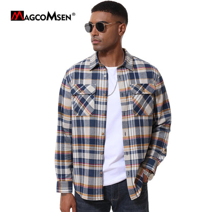 MAGCOMSEN Flannel Shirts Men's Long Sleeves Cotton Long Sleeve Plaid Shirt with 2 Pockets Button Down Casual Corduroy Shirt Male