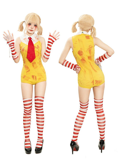 Women Halloween Funny Clown Girl Cosplay Jumpsuit Complete Accessory Set Ladies Party Roleplay Costume Cute Carnival Slim Outfit