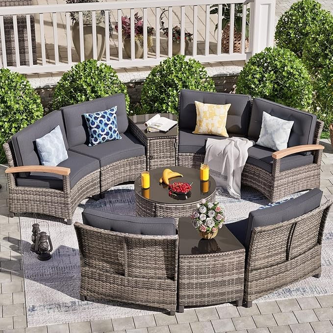 9 Piece Outdoor Patio Furniture Set, Half-Moon Curved Sectional Sofa Rattan Conversation Set with Wood Armrests, Coffee Table