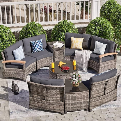 9 Piece Outdoor Patio Furniture Set, Half-Moon Curved Sectional Sofa Rattan Conversation Set with Wood Armrests, Coffee Table